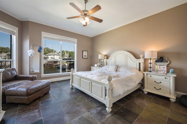 bedroom with ceiling fan and ornamental molding