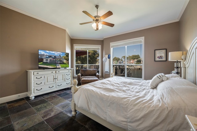 bedroom featuring crown molding, access to outside, and ceiling fan