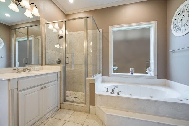 bathroom with vanity, independent shower and bath, ornamental molding, and tile patterned flooring