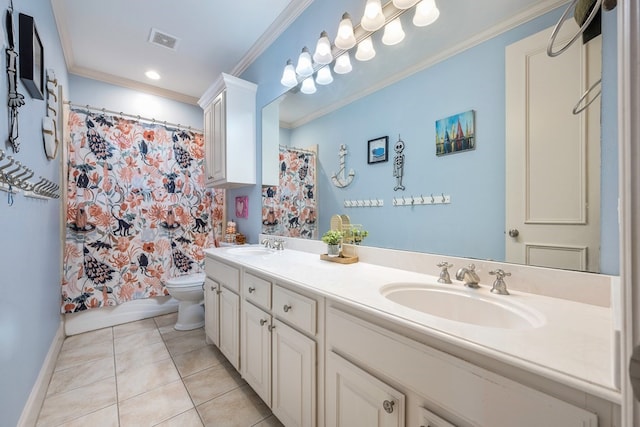 full bathroom featuring toilet, tile patterned flooring, shower / bath combination with curtain, ornamental molding, and vanity