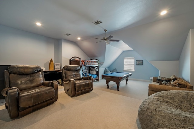 recreation room with light carpet, lofted ceiling, pool table, and ceiling fan