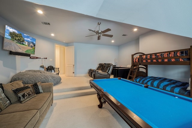 recreation room with ceiling fan, carpet flooring, and billiards