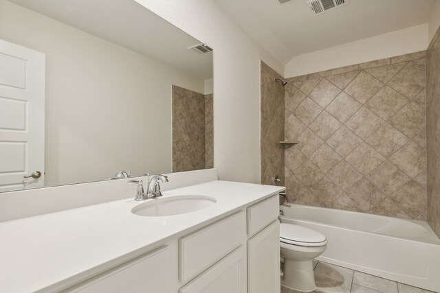 full bathroom with tiled shower / bath combo, tile patterned floors, vanity, and toilet