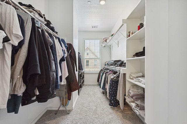 walk in closet with light colored carpet