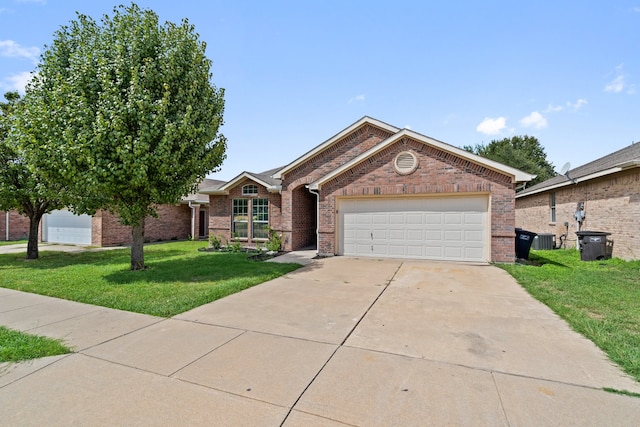 ranch-style home with a front yard, cooling unit, and a garage