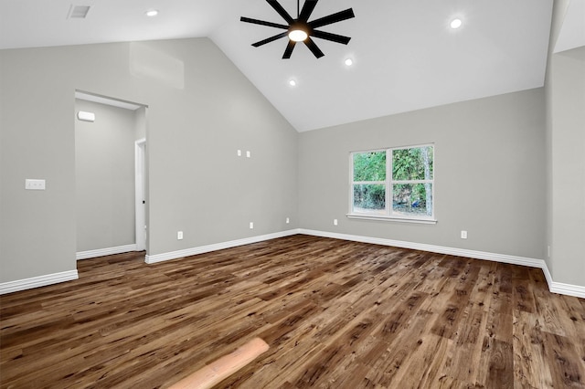 interior space with hardwood / wood-style floors, high vaulted ceiling, and ceiling fan