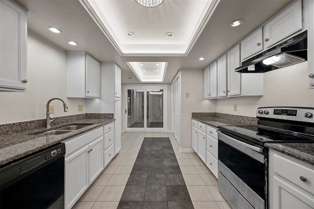 kitchen with white cabinets, stainless steel electric stove, sink, and black dishwasher