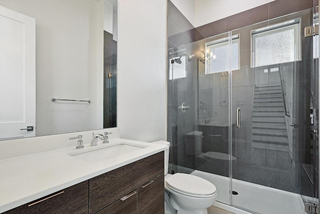 bathroom featuring vanity, a shower stall, and toilet