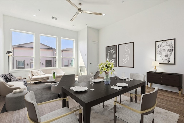 dining area featuring recessed lighting, visible vents, ceiling fan, and wood finished floors