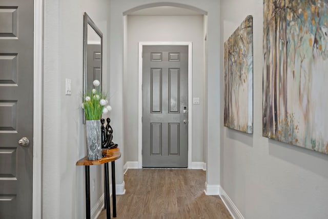 doorway with hardwood / wood-style floors