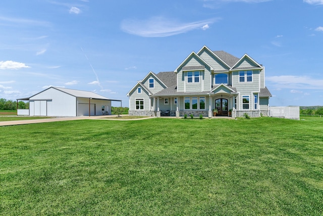 view of front of house featuring a front yard, a garage, covered porch, and an outbuilding