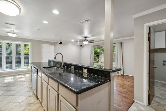 kitchen with a healthy amount of sunlight, a center island with sink, and sink