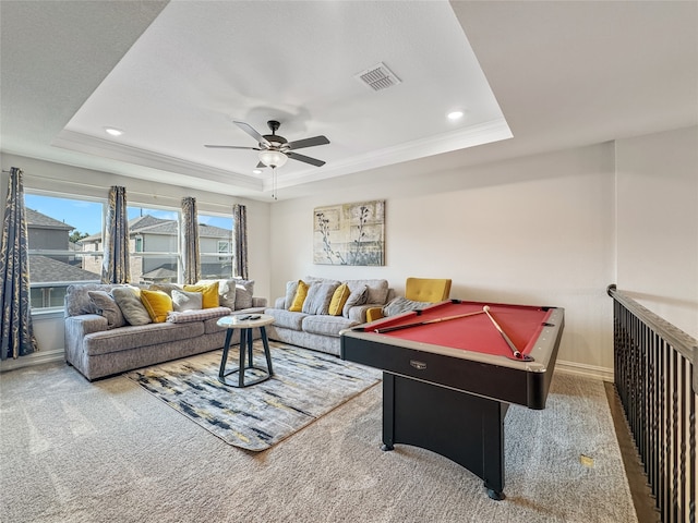 recreation room featuring carpet flooring, a raised ceiling, and pool table