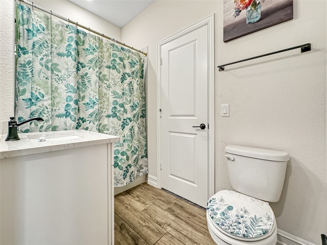 bathroom with wood-type flooring, vanity, and toilet