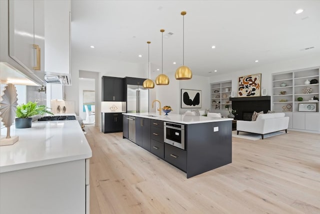 kitchen with pendant lighting, a center island with sink, light hardwood / wood-style flooring, and sink