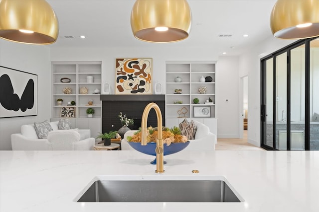 room details with light stone countertops, built in shelves, and sink