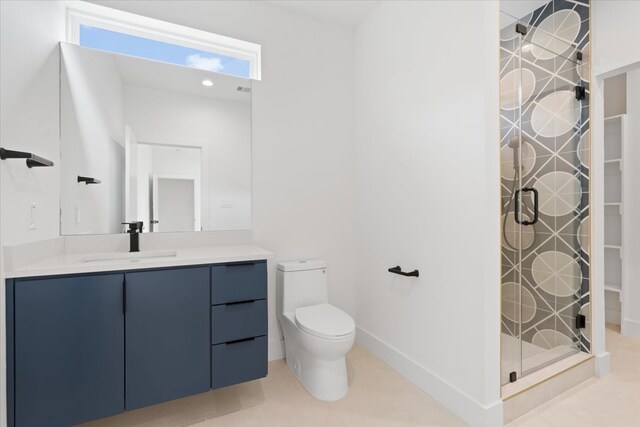 bathroom with walk in shower, vanity, toilet, and tile patterned floors