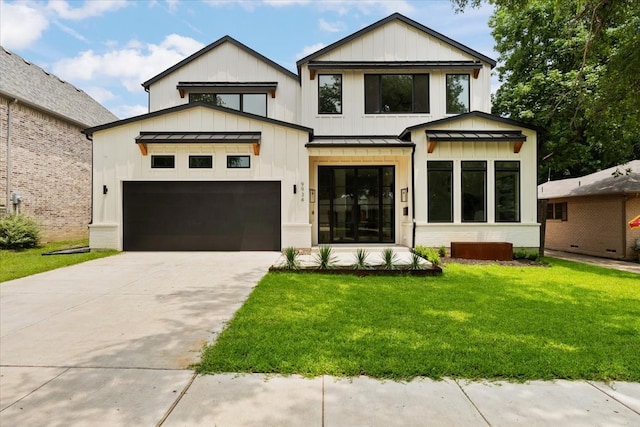 modern farmhouse featuring a front yard