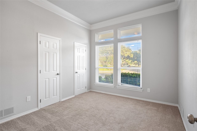 carpeted spare room with ornamental molding