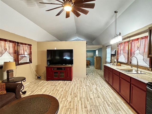 living room with lofted ceiling, ceiling fan, sink, light hardwood / wood-style floors, and cooling unit