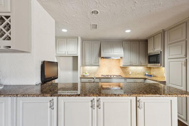 kitchen with custom exhaust hood, tasteful backsplash, a textured ceiling, stainless steel appliances, and dark stone counters