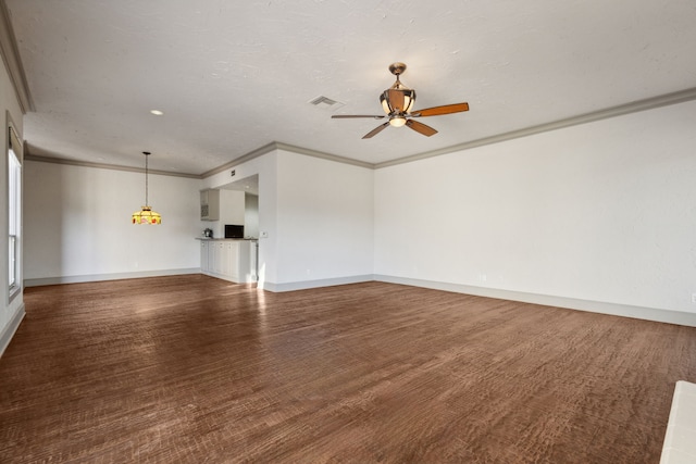 unfurnished living room with wood-type flooring, crown molding, a textured ceiling, and ceiling fan