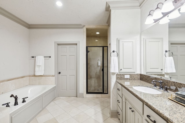 bathroom featuring ornamental molding, tile patterned floors, vanity, and plus walk in shower