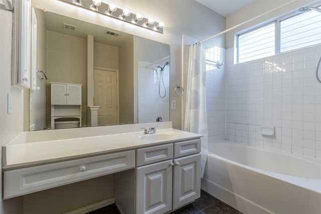 full bathroom featuring shower / tub combo with curtain, tile patterned flooring, vanity, and toilet