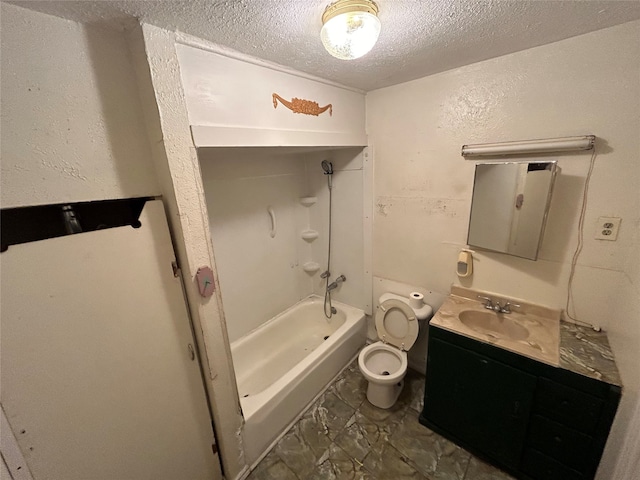 full bathroom with vanity, shower / bath combination, a textured ceiling, tile patterned floors, and toilet