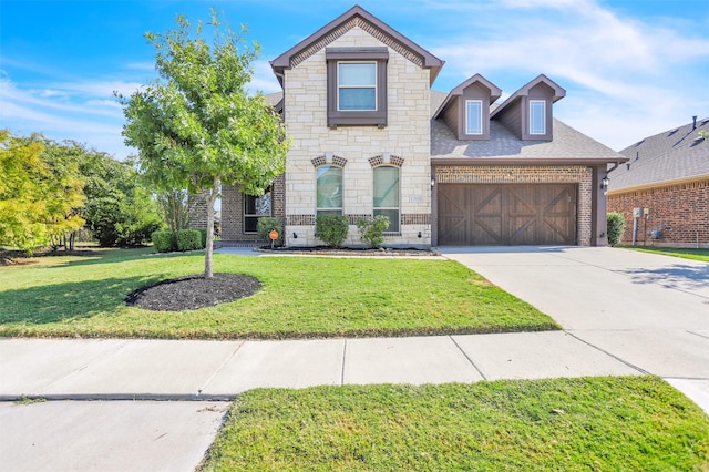 view of front of property with a garage and a front lawn