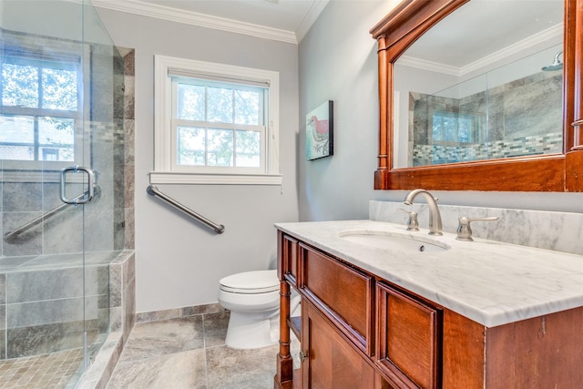 bathroom with vanity, toilet, crown molding, and walk in shower