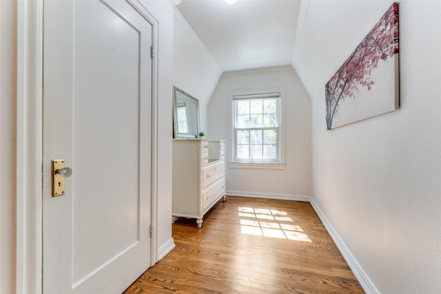 interior space featuring light hardwood / wood-style floors and lofted ceiling