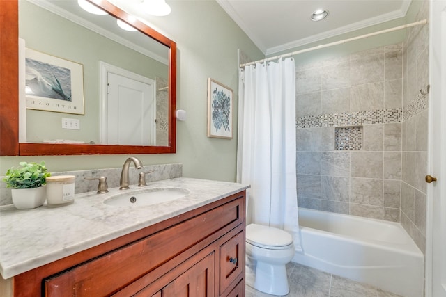 full bathroom featuring tile patterned flooring, crown molding, shower / bath combination with curtain, toilet, and vanity