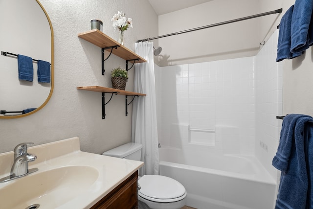 full bathroom with shower / bath combination with curtain, vanity, and toilet