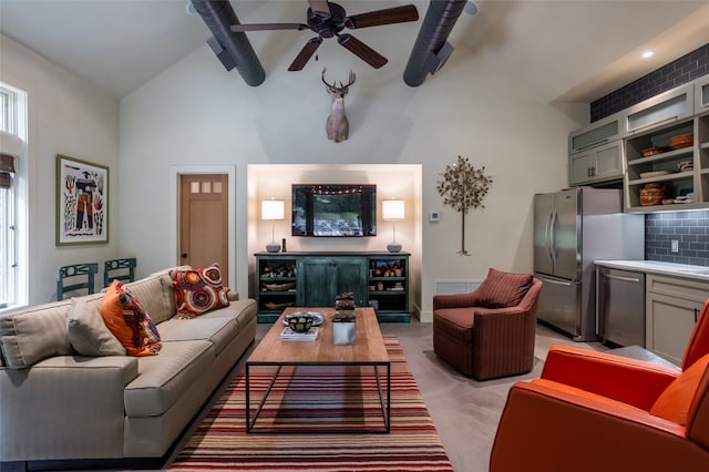 carpeted living room featuring ceiling fan, beamed ceiling, and high vaulted ceiling