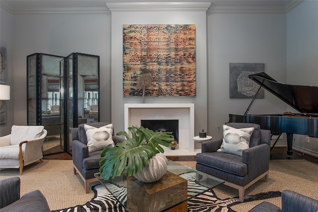 living room with wood-type flooring and crown molding