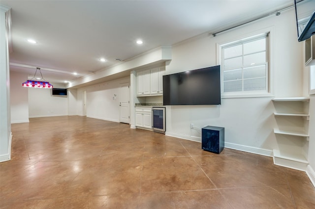 3025 Westminster Ave, University Park, TX 75205 - unfurnished living room featuring ornamental molding, baseboards, beverage cooler, and recessed lighting
