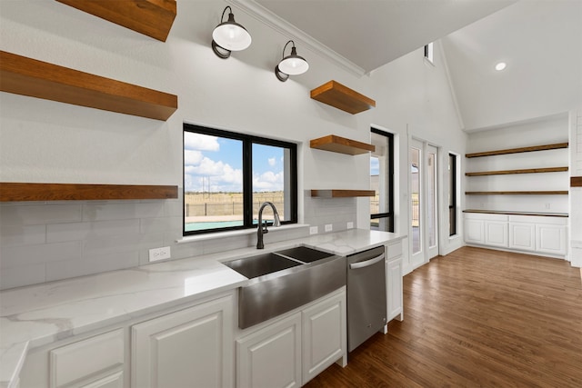 kitchen featuring stainless steel dishwasher, white cabinetry, and tasteful backsplash