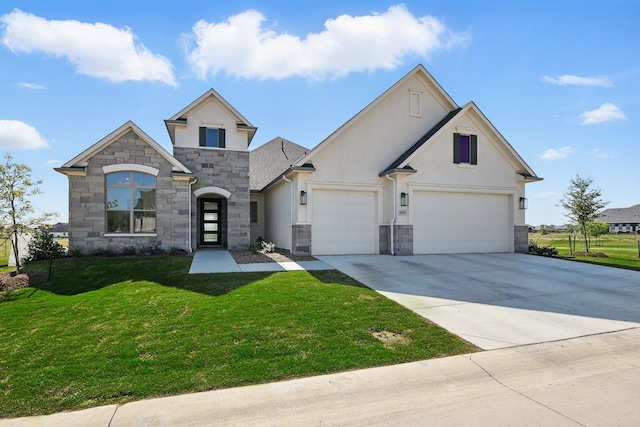 view of front of home with stucco siding, driveway, a front lawn, and stone siding