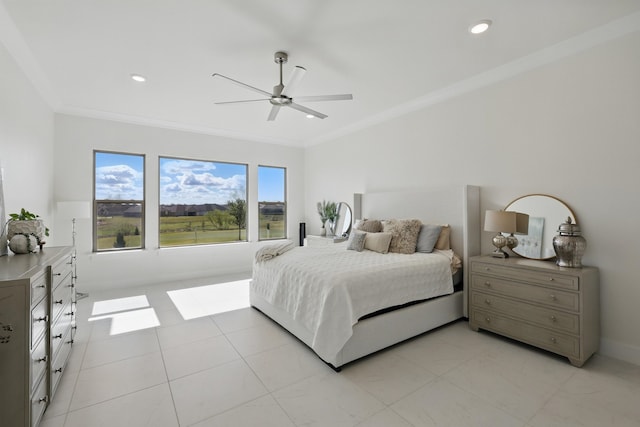 bedroom featuring crown molding, recessed lighting, and a ceiling fan