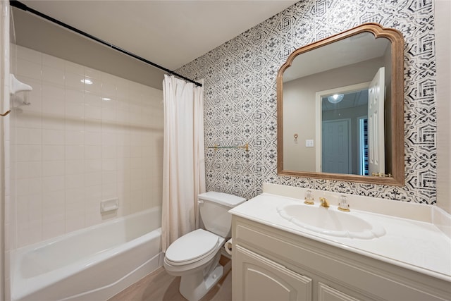 full bathroom featuring shower / bath combination with curtain, vanity, and toilet