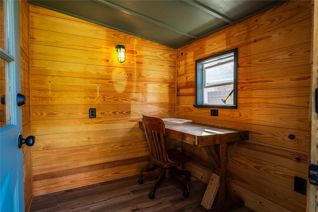 home office with wood-type flooring and wood walls