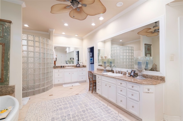 bathroom featuring tile patterned flooring, ceiling fan, ornamental molding, shower with separate bathtub, and vanity