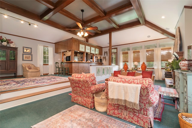 carpeted living room with ceiling fan and vaulted ceiling with beams