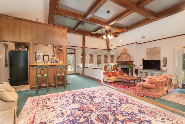 carpeted living room featuring coffered ceiling, beamed ceiling, a towering ceiling, and ceiling fan