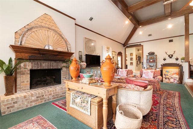 carpeted living room with a brick fireplace, high vaulted ceiling, and beam ceiling