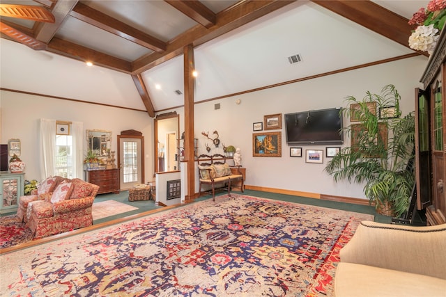 living room featuring high vaulted ceiling and beam ceiling