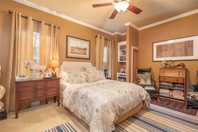 bedroom with ceiling fan, crown molding, and light carpet