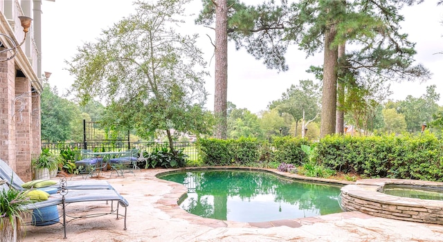 view of pool featuring an in ground hot tub and a patio area