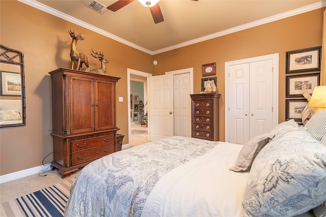 carpeted bedroom with crown molding and ceiling fan